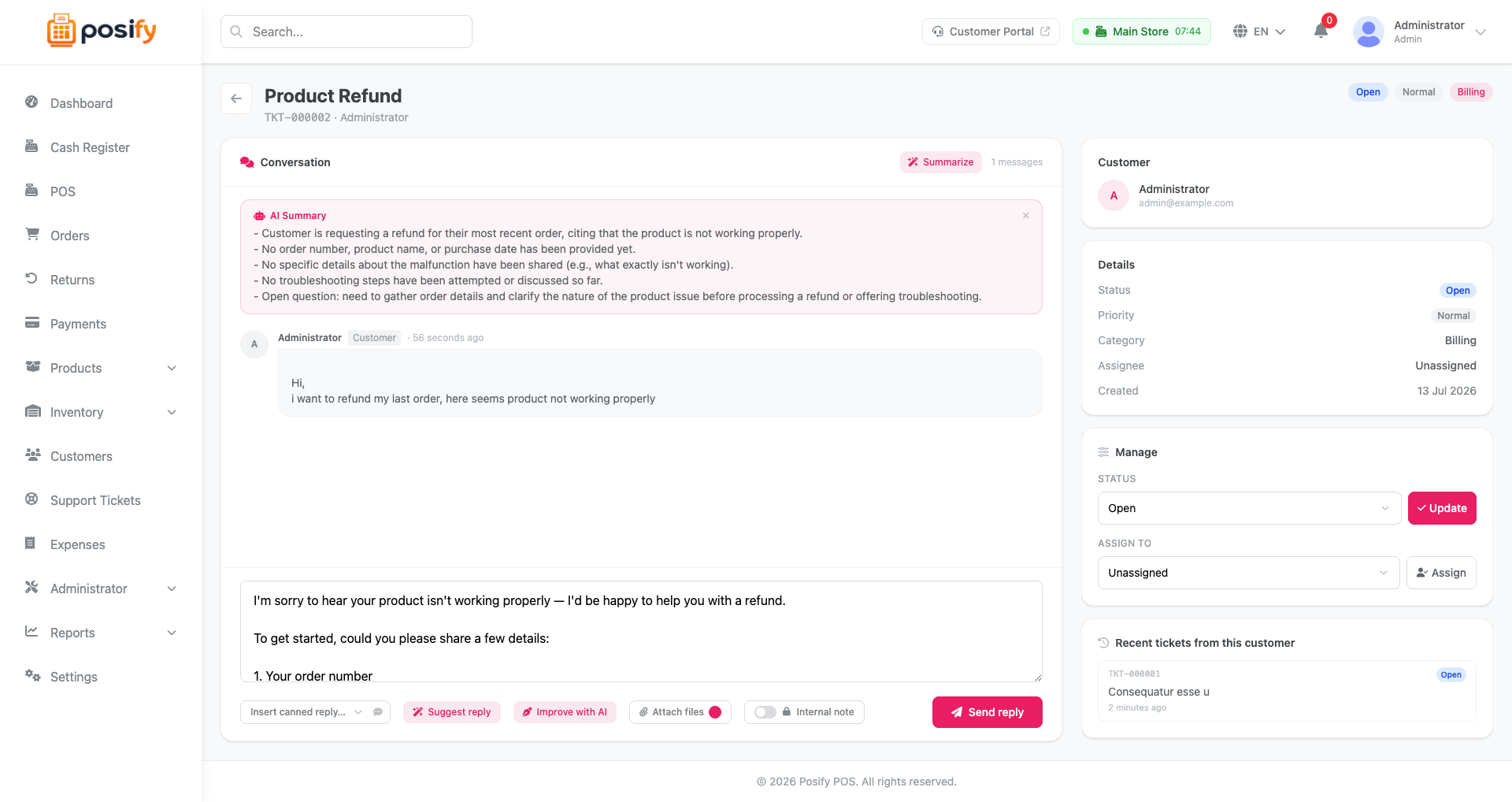 AI help-desk reply assist on a support ticket